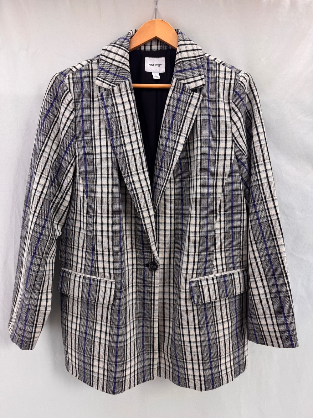 Nine West Single Button Longline Blazer Black/White/Blue Plaid Size Large Chic